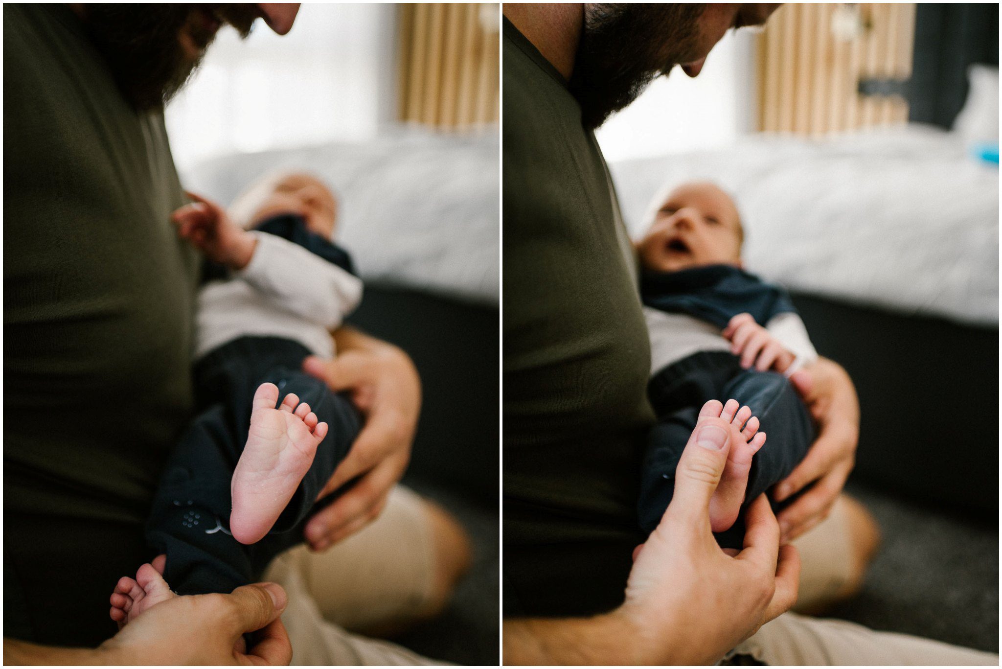 tata głaszcze noworodka po stópce - sesja noworodkowa lifestyle w Poznaniu