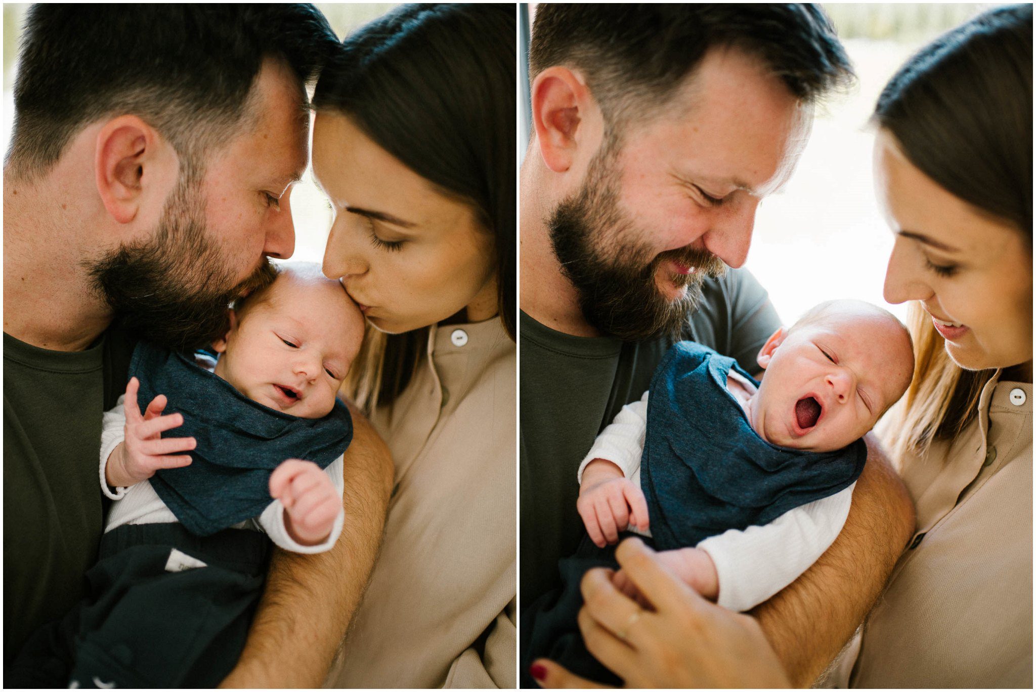 Rodzice całują niemowlaka - sesja noworodkowa lifestyle w Poznaniu