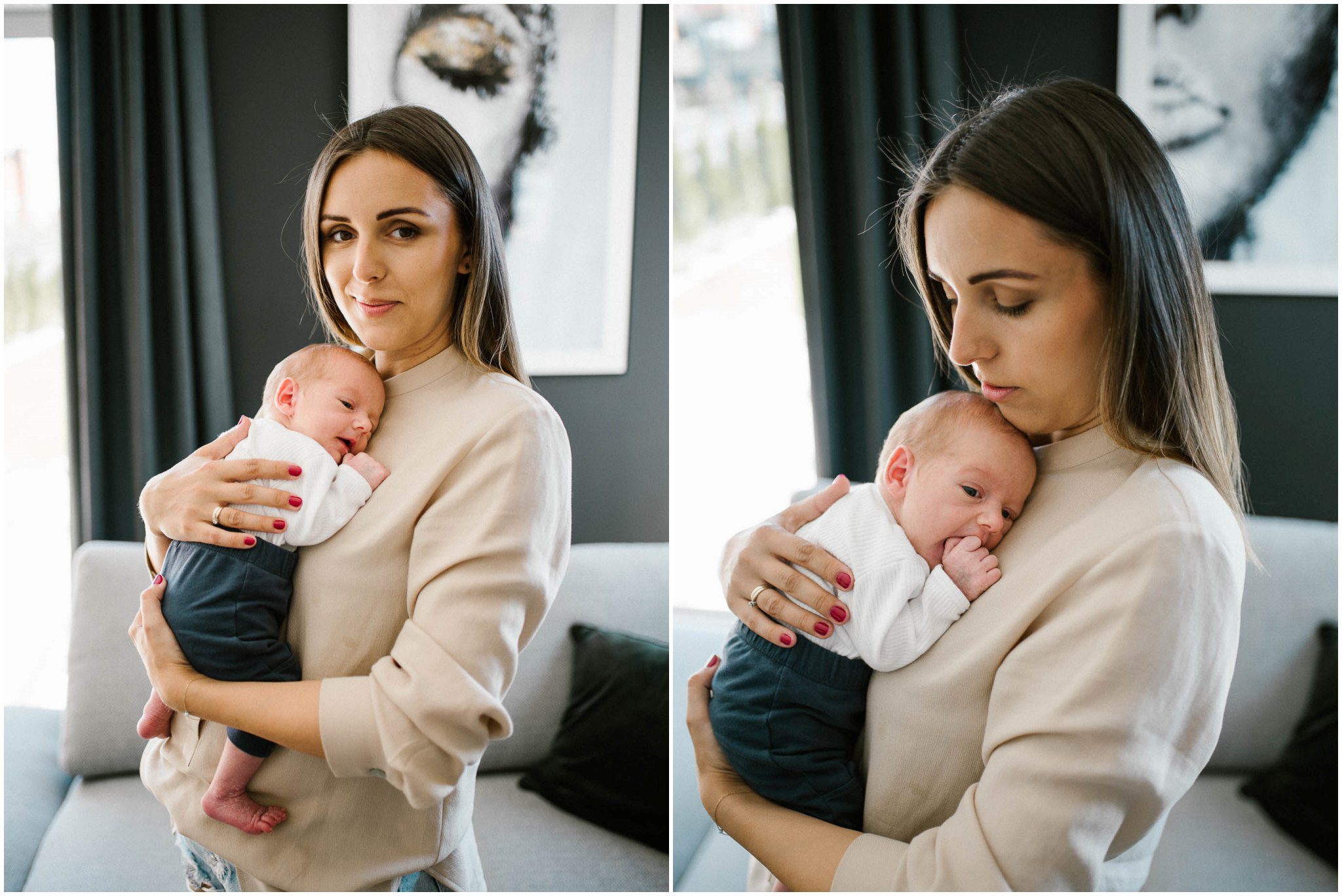 mama trzyma noworodka na rękach - sesja noworodkowa lifestyle w Poznaniu