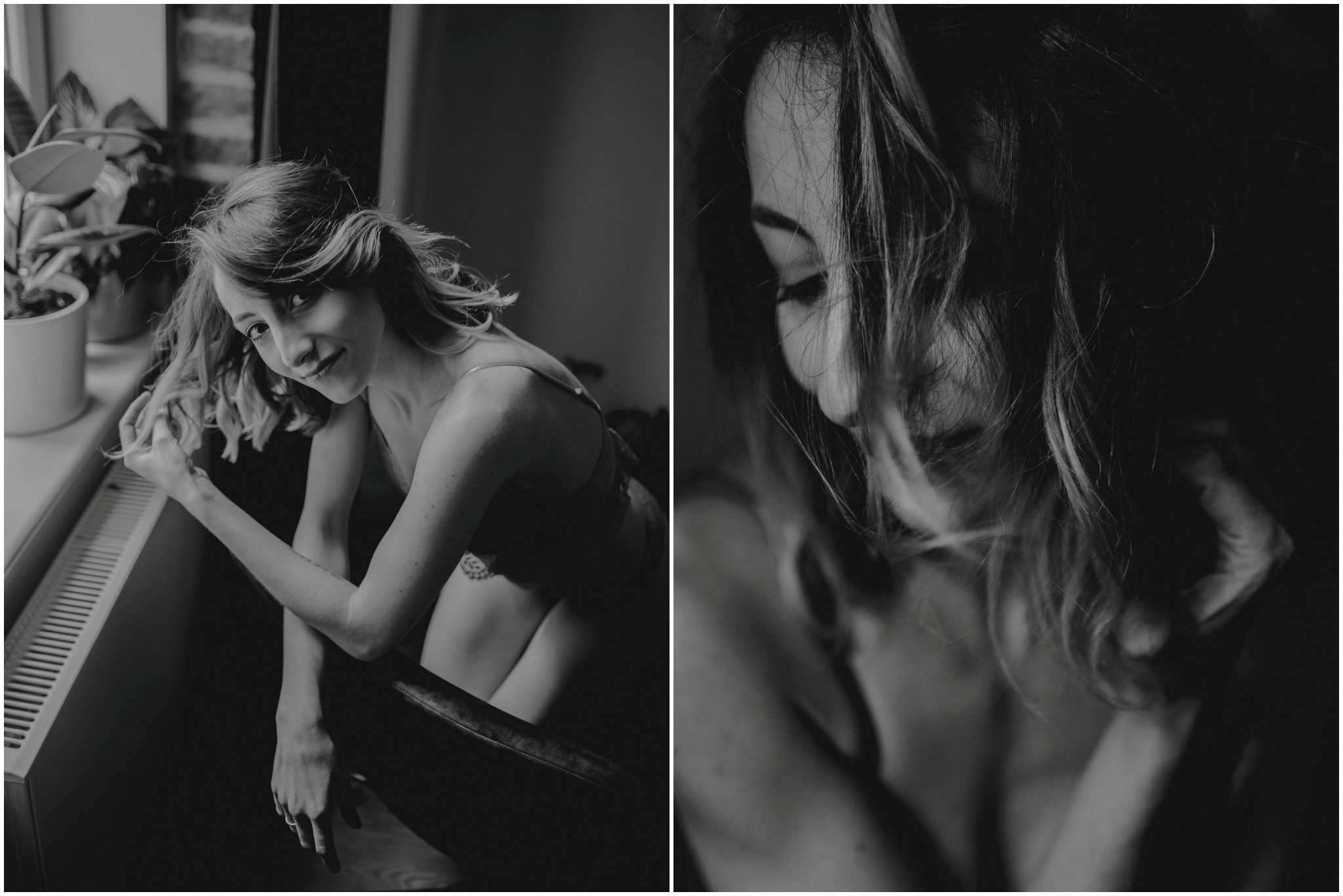 Kobieta przy oknie bawi się włosami - sesja kobieca w&nbsp;apartamencie w&nbsp;Poznaniu