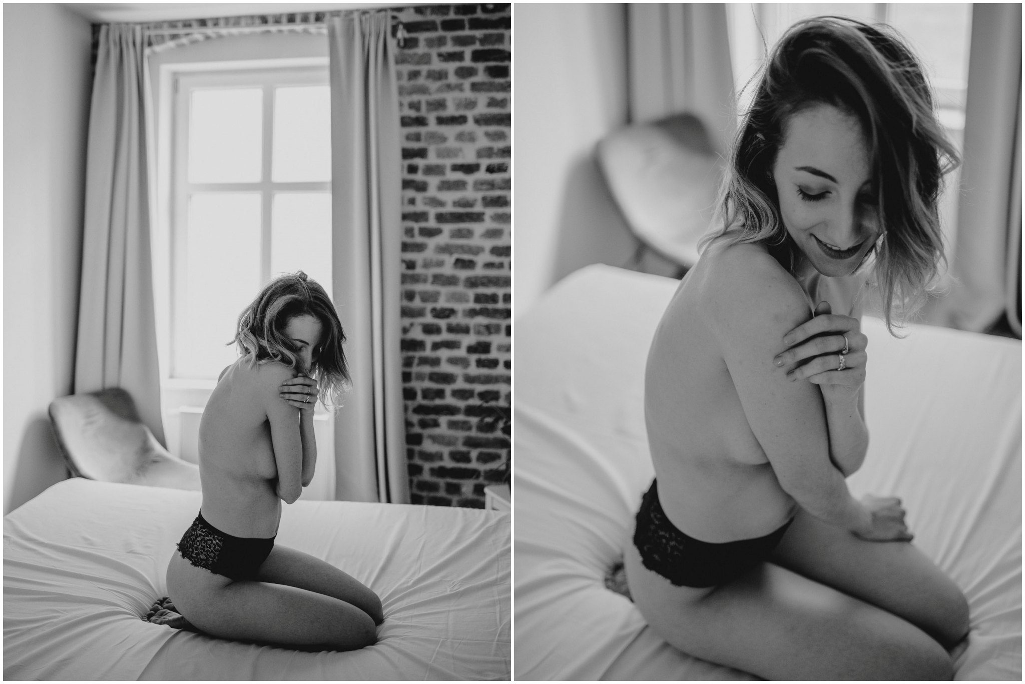 Kobieta w&nbsp;bieliźnie w&nbsp;apartamencie siedzi na&nbsp;łóżku - sesja kobieca w&nbsp;apartamencie w&nbsp;Poznaniu