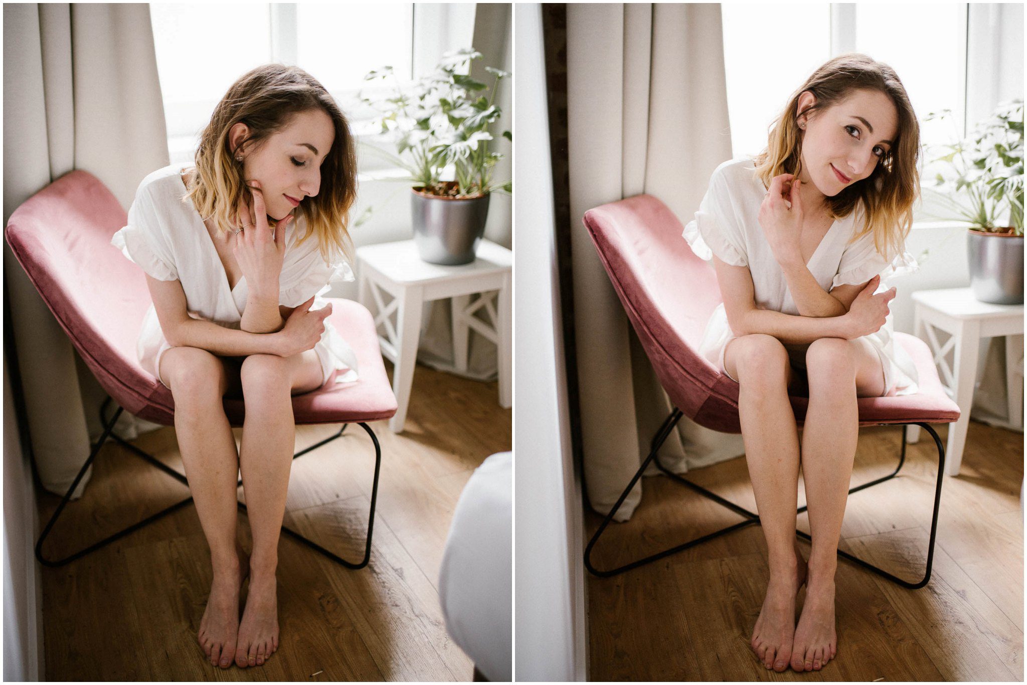Kobieta siedzi na&nbsp;fotelu podczas kobiecej sesji w&nbsp;apartamencie w&nbsp;Poznaniu