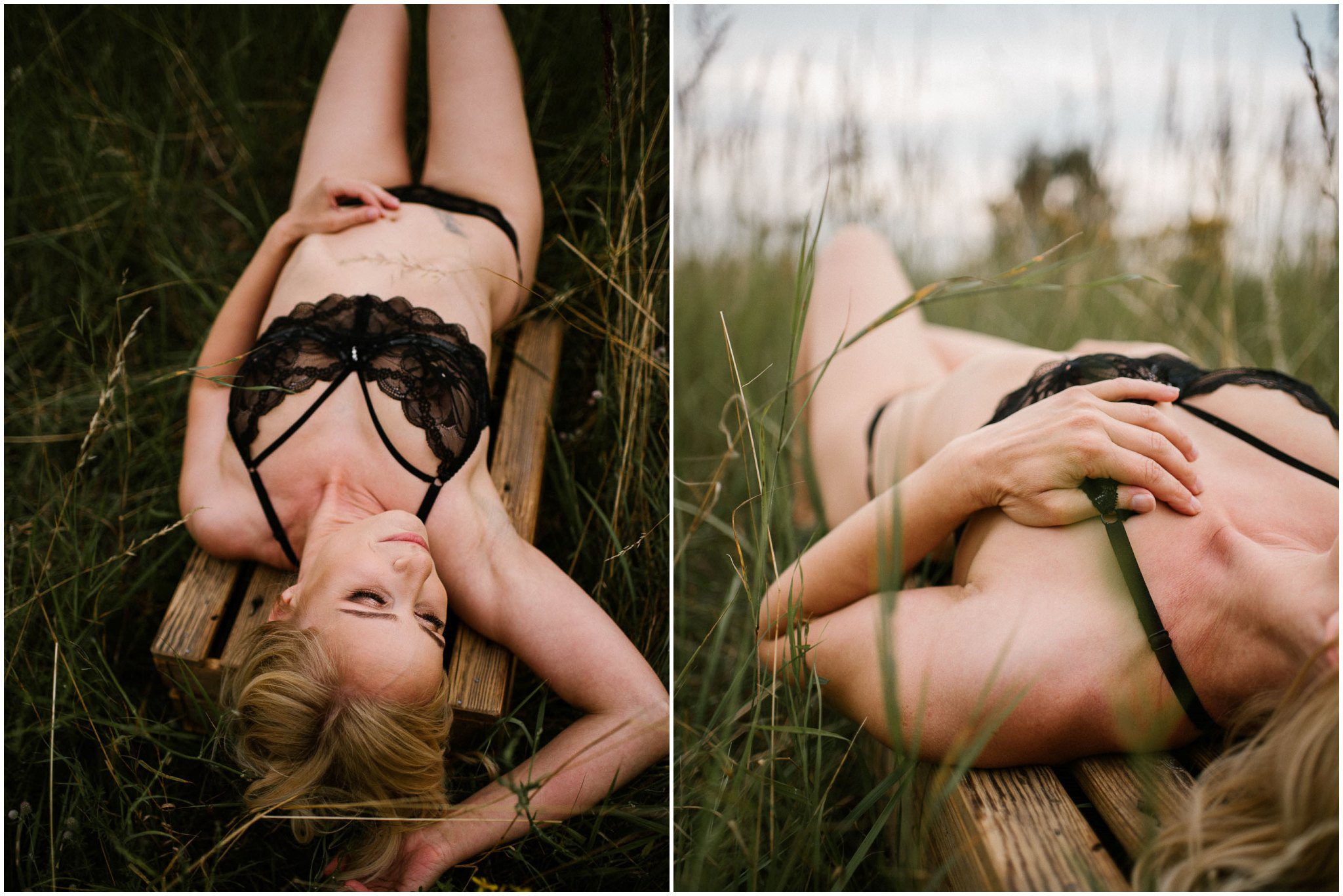 Kobieta w&nbsp;bieliźnie leży na&nbsp;trawie - sesja kobieca sensualna w&nbsp;plenerze Poznań