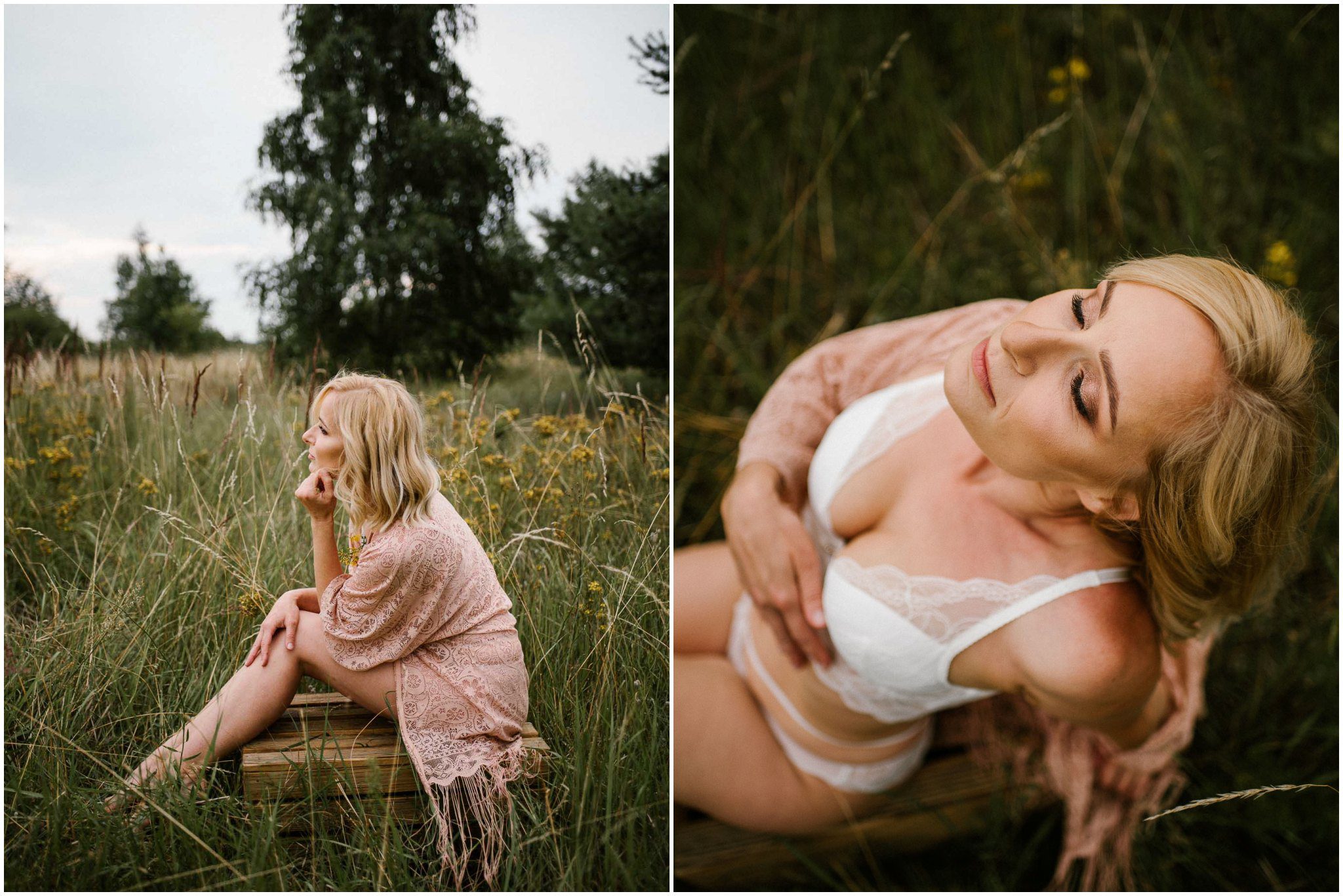 Kobieta w&nbsp;bieliźnie na&nbsp;skrzyni na&nbsp;łące - sesja kobieca sensualna w&nbsp;plenerze Poznań
