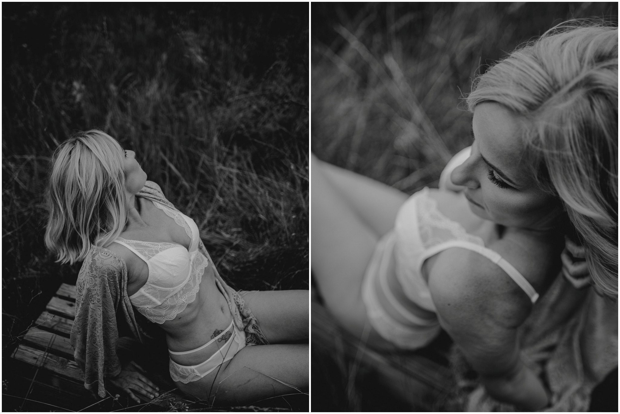 Kobieta pręży się w&nbsp;bieliźnie na&nbsp;łące - sesja kobieca sensualna w&nbsp;plenerze Poznań