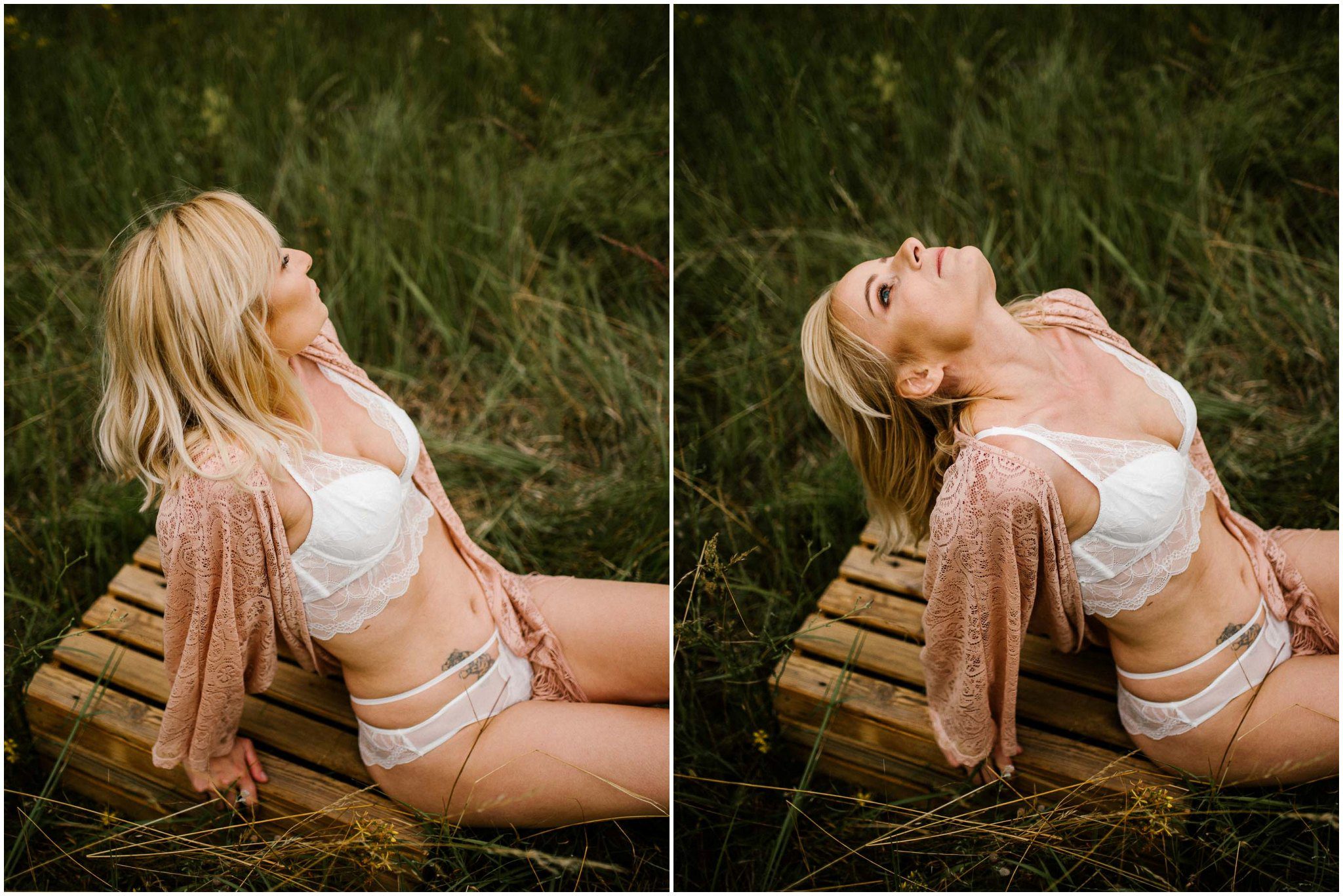 Kobieta pozuje na&nbsp;łące w&nbsp;bieliźnie - sesja kobieca sensualna w&nbsp;plenerze Poznań