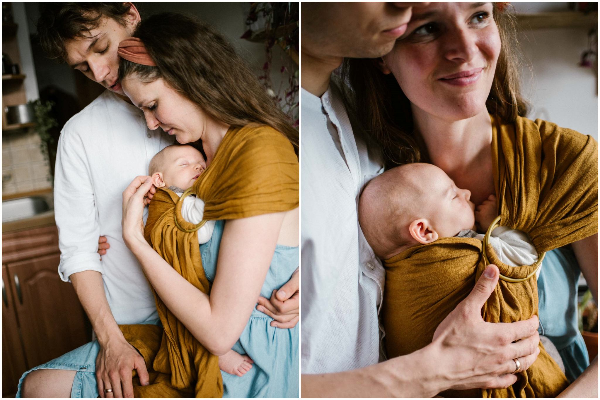 Mama i&nbsp;tata przytulają niemowlę, które jest zawinięte w&nbsp;chustę - Sesja niemowlęca lifestyle w&nbsp;domu Poznań