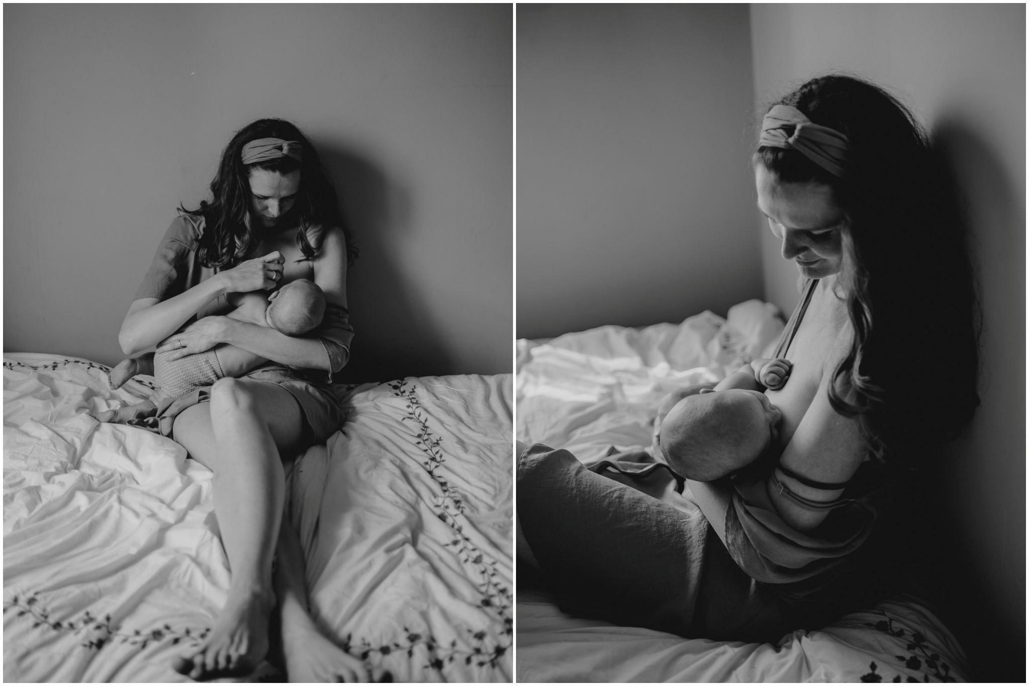 Karmienie piersią niemowlęcia na&nbsp;łóżku -sesja niemowlęca lifestyle w&nbsp;domu Poznań